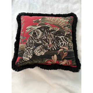 Photo of Vintage Ocelot Tropical Tapestry Fringe Trim Double Sided Throw Pillow