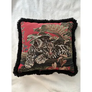 Photo of Vintage Ocelot Tropical Tapestry Fringe Trim Double Sided Throw Pillow