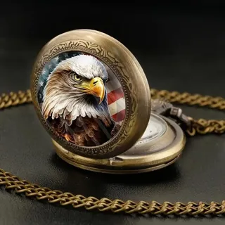 Photo of American Flag & Bald Eagle Quartz Pocket Watch Retro Style Bronze • 32" Chain