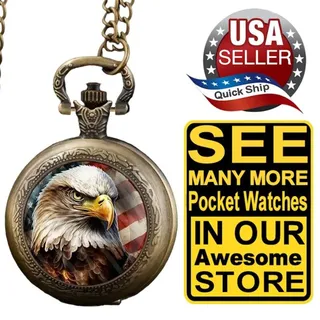 Photo of American Flag & Bald Eagle Quartz Pocket Watch Retro Style Bronze • 32" Chain