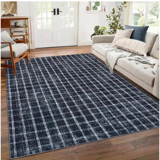 Photo of ROYHOME 5x7 Washable Area Rug Navy Blue Plaid Checkered Non Slip Low Pile New/OB