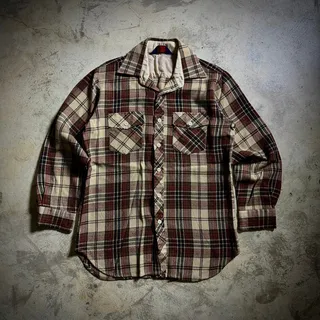 Photo of 80s Plaid Flannel Shirt Fall Colors Cream Rust Black Button Up M