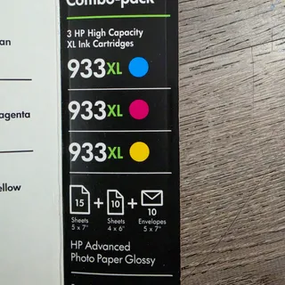 Photo of HP 933XL Color Ink Cartridges 3-Pack Cyan Magenta Yellow + Photo Paper New