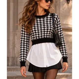 Photo of Joie Womens Houndstooth Layered Sweater Top S Black White Preppy Academia 90s