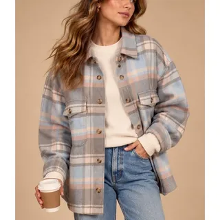 Photo of American Eagle Pastel Plaid Oversized Shacket Size XL Button Front Fall Layer