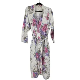 Photo of Vintage 80s Christian Dior White Floral Cotton Robe W/ Tie Belt & Pockets Sz M/L