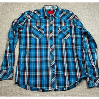 Photo of Patroncito USA Western Shirt Men XXL Blue Plaid Paisley Snap Front Cotton