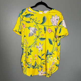 Photo of Ann Taylor Loft Bright Yellow Bold Floral Top - Women's Size Small Short Sleeves