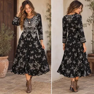 Photo of Johnny Was Janie A-Line Knit Midi Dress Butterly Moth Print Boho Whimsigoth