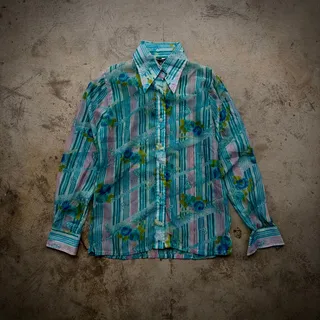 Photo of 70s Floral Dagger Collar Shirt Womens M Blue Pink Striped Nylon