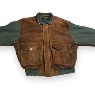 Photo of Vintage 1990s Amherst and Brock Brown Suede and Green Canvas Bomber Jacket