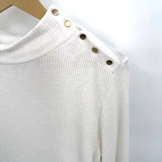 Photo of J Crew Womens L Ivory Ribbed Mock Neck Sweater Gold Snap Shoulder Long Sleeve