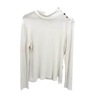 Photo of J Crew Womens L Ivory Ribbed Mock Neck Sweater Gold Snap Shoulder Long Sleeve