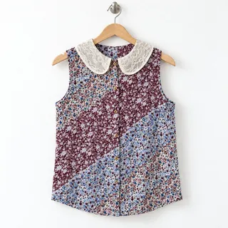 Photo of Halston Floral Peter Pan Collar Button Down Patchwork Floral NWT Size Medium