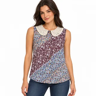 Photo of Halston Floral Peter Pan Collar Button Down Patchwork Floral NWT Size Medium