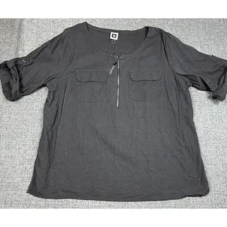 Photo of Anne Klein Womens XL Gray Linen Blend Half Zip Utility Tunic Roll Tab Shirt
