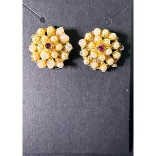 Photo of Vintage 1950s 60s Gold Tone Faux Pearl Pink Rhinestone Cluster Earrings