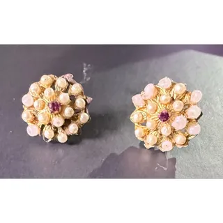 Photo of Vintage 1950s 60s Gold Tone Faux Pearl Pink Rhinestone Cluster Earrings