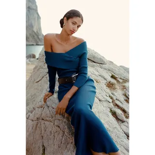 Photo of New Anthropologie Off-Shoulder Slim Sweater Dress MEDIUM Blue $198 Long Sleeve