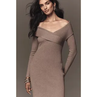Photo of New Anthropologie Off-Shoulder Slim Sweater Dress $198 PLUS 1X Gray Long Sleeve