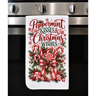 Photo of Peppermint Kisses Christmas Wishes Kitchen Towel Candy Cane Holiday Decor