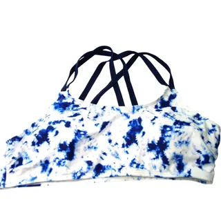 Photo of Women's Blue White Tie-Dye Bikini Top Size L Strappy Crisscross Back Swimwear