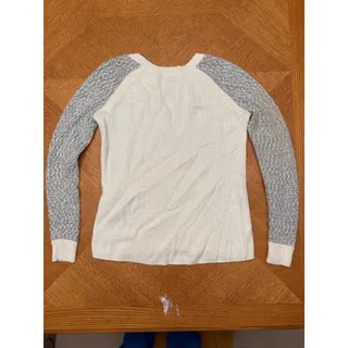 Photo of LOFT Wool Blend Sweater Medium Gray Ivory Raglan Knit Crewneck Cozy Pullover