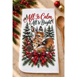 Photo of All Is Calm All Is Bright Christmas Deer Kitchen Towel Rustic Winter Decor