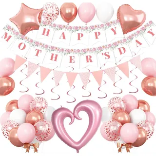 Photo of Mothers Day Decorations, Banner with Rose Gold Balloons & Swirls