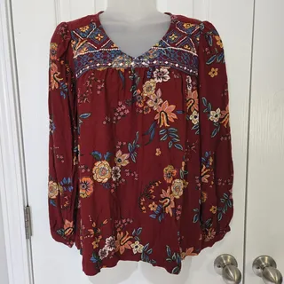 Photo of Beach Lunch Lounge Wom XS Fall Boho Dark Floral Long Sleeve Blouse V Neck EUC