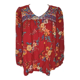 Photo of Beach Lunch Lounge Wom XS Fall Boho Dark Floral Long Sleeve Blouse V Neck EUC
