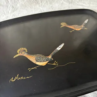 Photo of Couroc of Monterey Road Runner Wood Inlay Black Resin Tray - Mid Century Modern