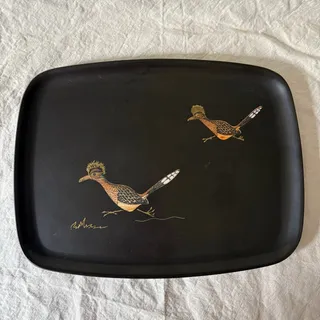 Photo of Couroc of Monterey Road Runner Wood Inlay Black Resin Tray - Mid Century Modern