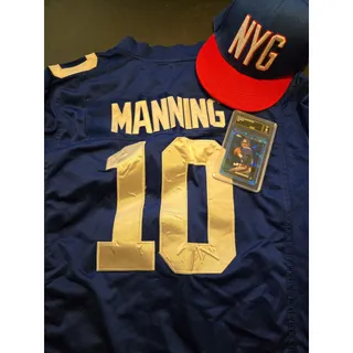 Photo of Eli Manning XXL Jersey New York Giants Blue #10 Hat Graded Card Lot