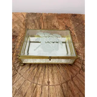 Photo of Vintage Beveled Glass Trinket/Jewelry Box w/ Etched Rose Motif & Mirrored Botton