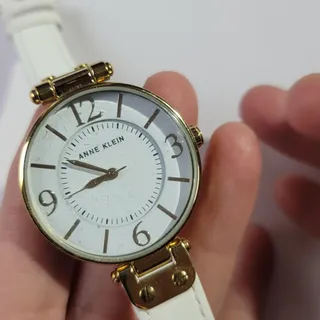 Photo of Vintage Anne Klein Womens Watch White Dial Gold Case White Leather Strap Quartz