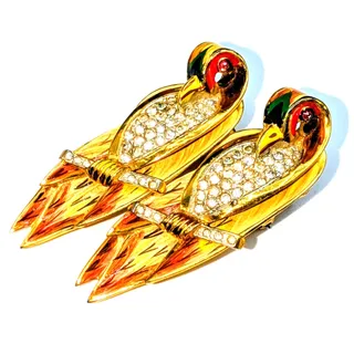 Photo of Corocraft Vtg Sterling Gold Pave Enamel Love Birds on Branch Duet Pins/Fur Clip