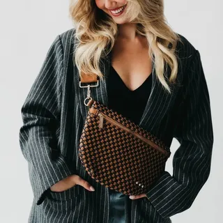 Photo of Navy and White Check Woven Crossbody Sling Bum Belt Bag