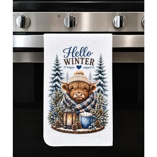 Photo of Hello Winter Highland Cow Kitchen Towel Snowy Farmhouse Winter Decor