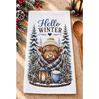 Photo of Hello Winter Highland Cow Kitchen Towel Snowy Farmhouse Winter Decor