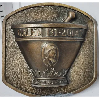 Photo of 1979 Chlor‑Trimeton Brass Mortar & Pestle Plaque w/ Stand – VTG Pharmacy History