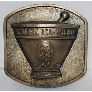 Photo of 1979 Chlor‑Trimeton Brass Mortar & Pestle Plaque w/ Stand – VTG Pharmacy History