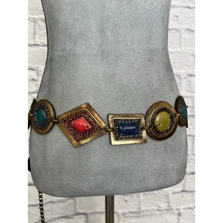 Photo of Unique Boho Artsy Link Belt w/ Leather Medallions and Ceramic Stoneware Details