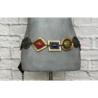 Photo of Unique Boho Artsy Link Belt w/ Leather Medallions and Ceramic Stoneware Details