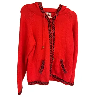 Photo of The Alpaca Connection Sweater Womens S Red Black Hooded Full Zip Handmade Peru