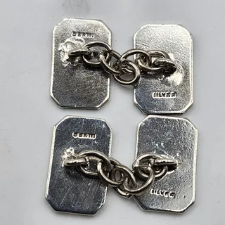 Photo of Vintage Sterling Silver Engine Turned Rectangular Chain Link Cufflinks 8.9g