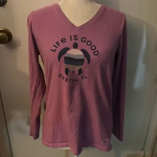 Photo of Life Is Good Crusher 3/4 Sleeve Print Purple Tee M Casual Preppy Festival Whimsy