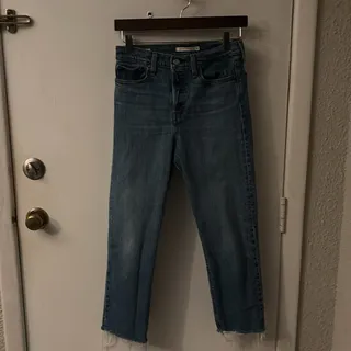 Photo of Levi's Wedgie Straight Leg Raw Hem Blue Denim Jean 26 Casual Boho Western Rocker