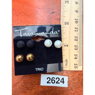 Photo of Taramanda Three Pair Round Stud Earring Set Black White Gold Tone Flaws