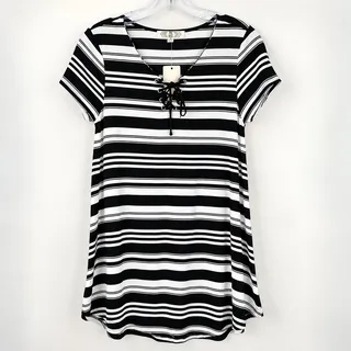 Photo of Pink Rose Black White Striped Lace Up V Neck Short Sleeve Shift Dress M NEW 